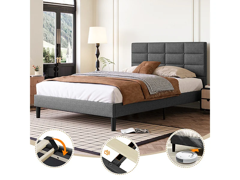 Lit double rembourré 140x200cm en lin, avec tête de lit et sommier à lattes, Gris anthracite