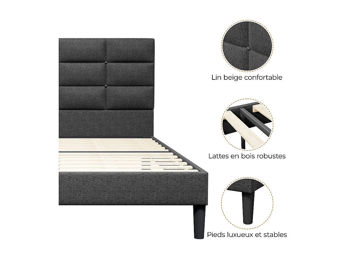 Lit double rembourré 140x200cm en lin, avec tête de lit et sommier à lattes, Gris anthracite