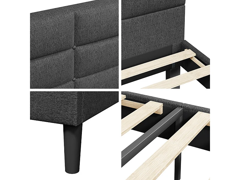 Lit double rembourré 140x200cm en lin, avec tête de lit et sommier à lattes, Gris anthracite