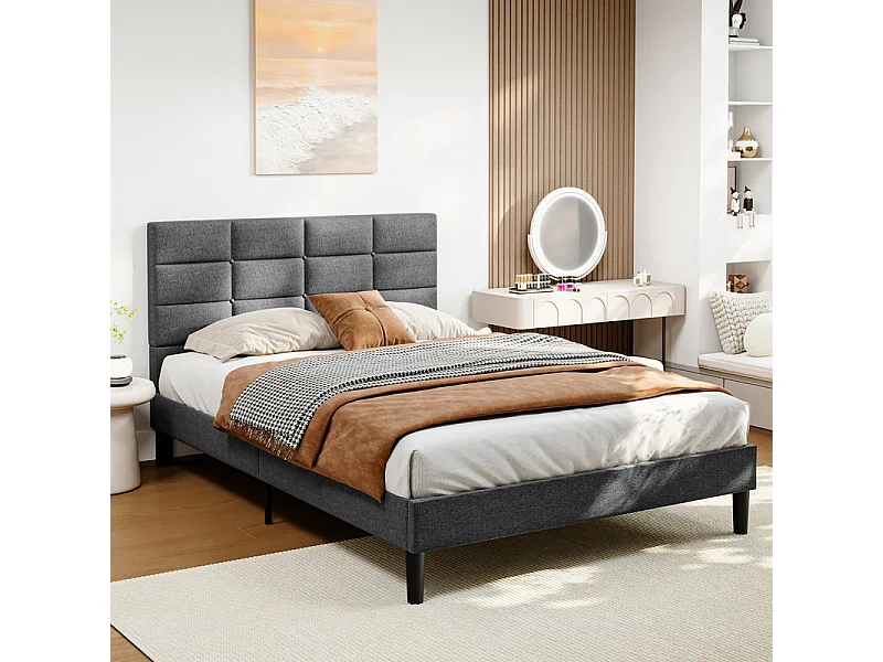 Doppelbett gepolstert 140x200 cm aus Leinen, mit Kopfteil und Lattenrost, Anthrazitgrau