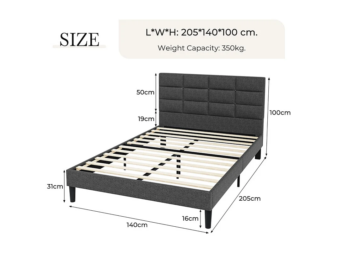 Doppelbett gepolstert 140x200 cm aus Leinen, mit Kopfteil und Lattenrost, Anthrazitgrau
