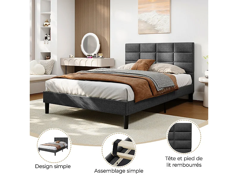 Doppelbett gepolstert 140x200 cm aus Leinen, mit Kopfteil und Lattenrost, Anthrazitgrau