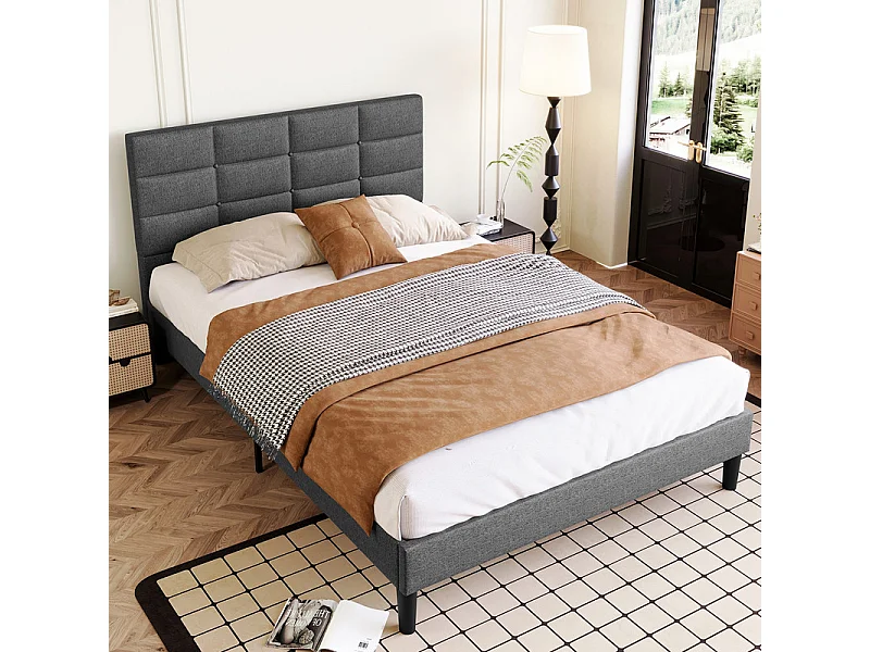 Doppelbett gepolstert 140x200 cm aus Leinen, mit Kopfteil und Lattenrost, Anthrazitgrau