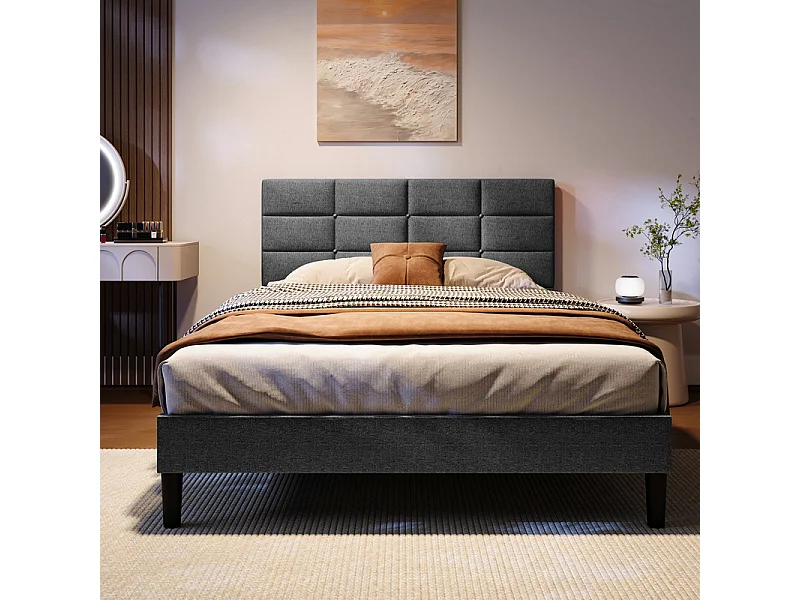 Doppelbett gepolstert 140x200 cm aus Leinen, mit Kopfteil und Lattenrost, Anthrazitgrau