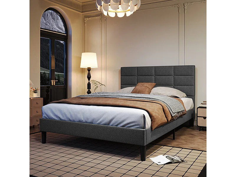 Doppelbett gepolstert 140x200 cm aus Leinen, mit Kopfteil und Lattenrost, Anthrazitgrau