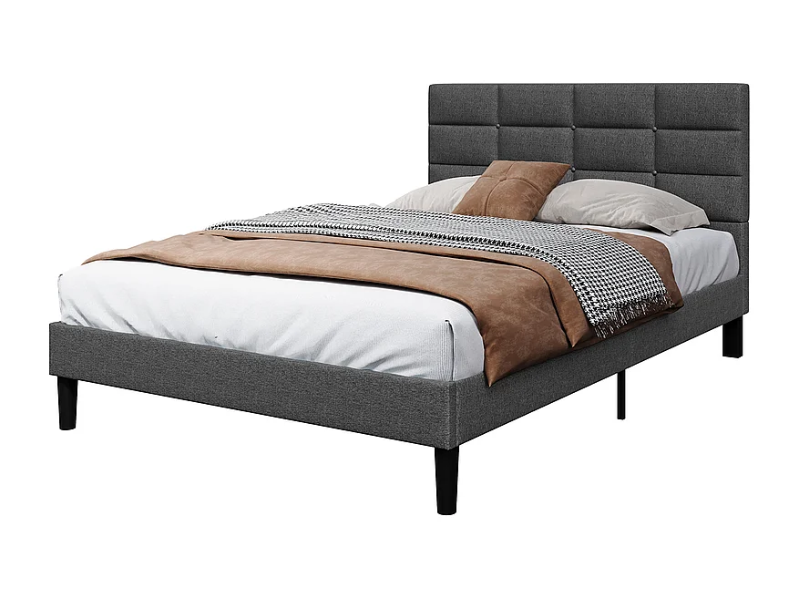 Doppelbett gepolstert 140x200 cm aus Leinen, mit Kopfteil und Lattenrost, Anthrazitgrau