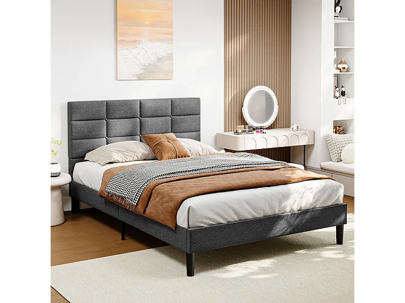 Letto matrimoniale imbottito 140x200 cm in lino, con testiera e rete a doghe, Grigio antracite