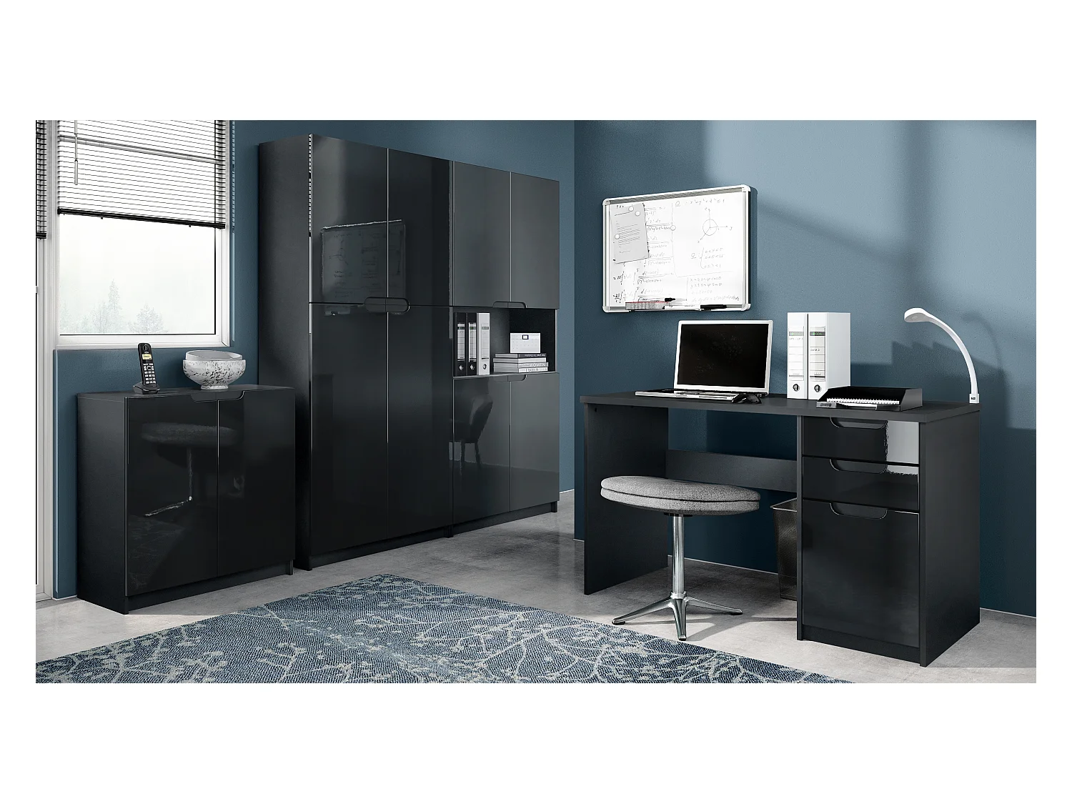 Ensemble de meubles de bureau Armoire Commode Rangement Logan, Corps en noir mat / Façades en noir haute brillance