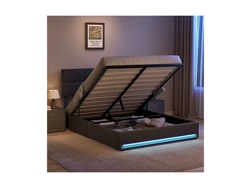 Lit coffre 160x200cm avec tête de lit réglable -  LED RGB - USB+Type-C - en velours - Gris anthracite