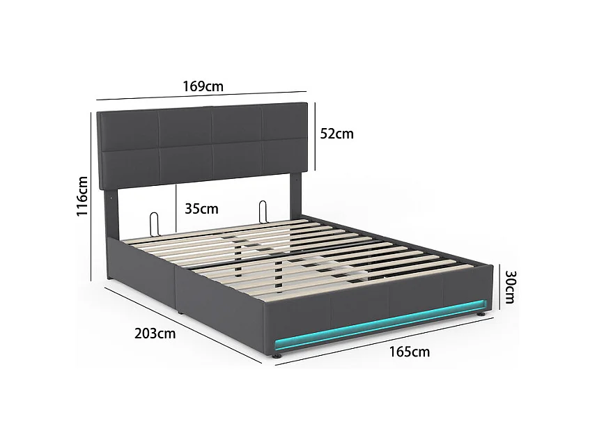 Lit coffre 160x200cm avec tête de lit réglable -  LED RGB - USB+Type-C - en velours - Gris anthracite