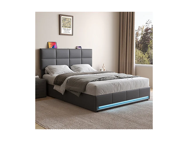 Lit coffre 160x200cm avec tête de lit réglable -  LED RGB - USB+Type-C - en velours - Gris anthracite