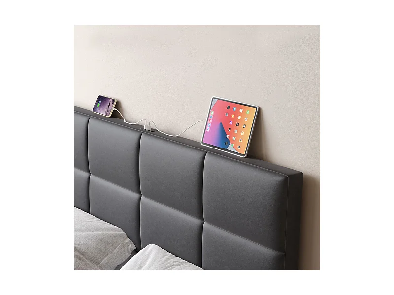 Lit coffre 160x200cm avec tête de lit réglable -  LED RGB - USB+Type-C - en velours - Gris anthracite