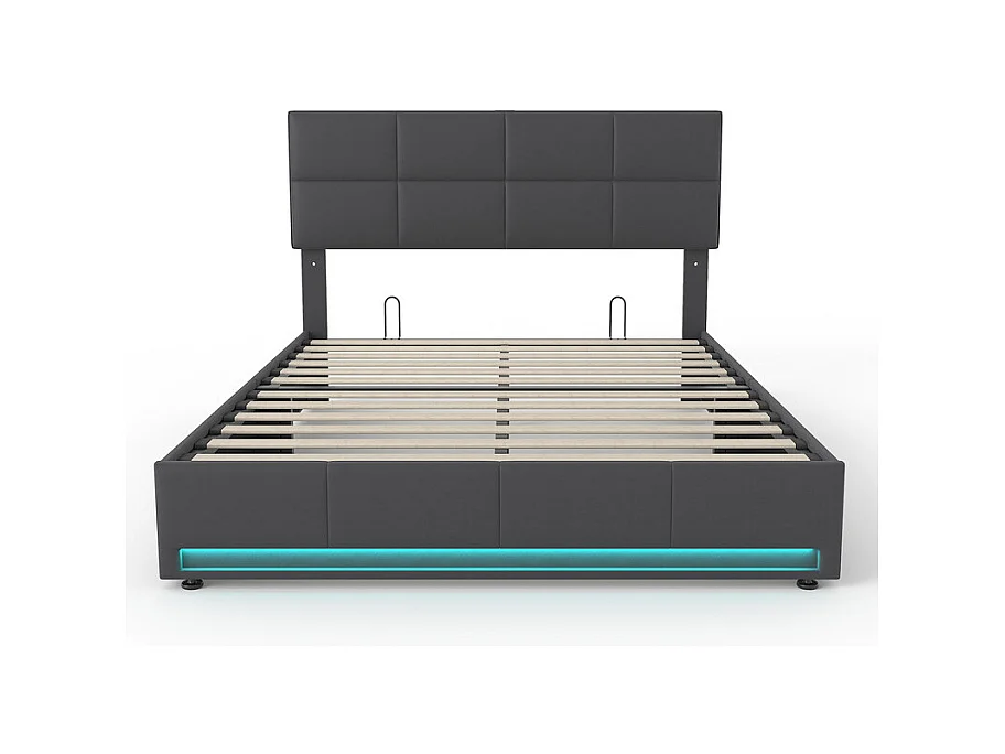 Lit coffre 160x200cm avec tête de lit réglable -  LED RGB - USB+Type-C - en velours - Gris anthracite