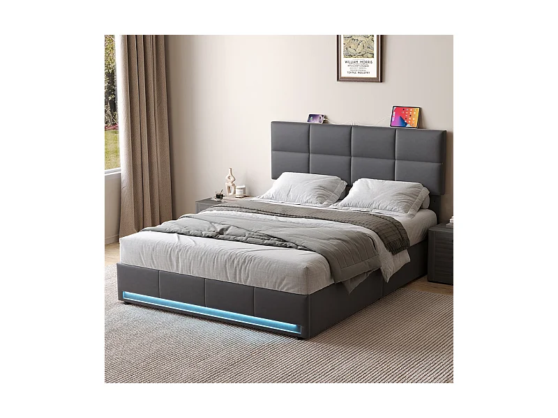 Lit coffre 160x200cm avec tête de lit réglable -  LED RGB - USB+Type-C - en velours - Gris anthracite