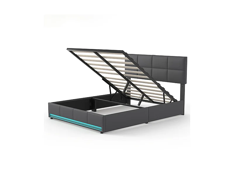 Lit coffre 160x200cm avec tête de lit réglable -  LED RGB - USB+Type-C - en velours - Gris anthracite