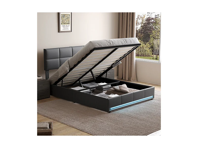 Lit coffre 160x200cm avec tête de lit réglable -  LED RGB - USB+Type-C - en velours - Gris anthracite