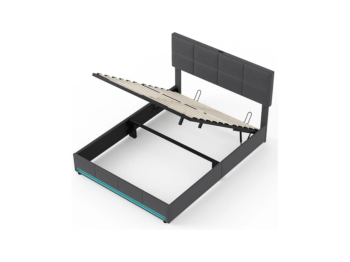 Lit coffre 160x200cm avec tête de lit réglable -  LED RGB - USB+Type-C - en velours - Gris anthracite