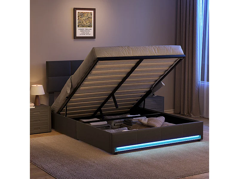 Lit coffre 160x200cm avec tête de lit réglable -  LED RGB - USB+Type-C - en velours - Gris anthracite