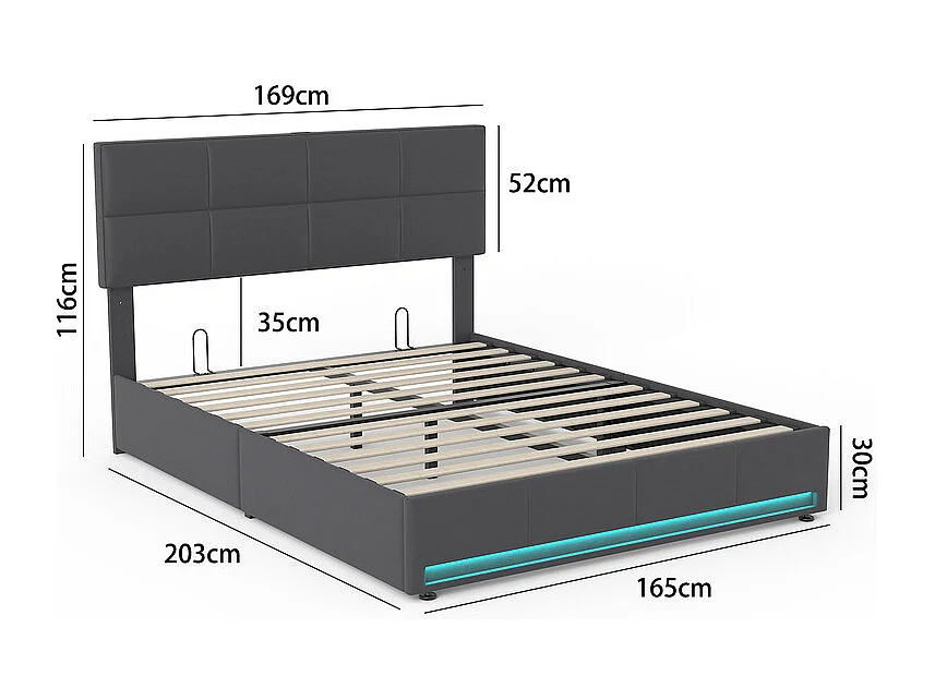 Lit coffre 160x200cm avec tête de lit réglable -  LED RGB - USB+Type-C - en velours - Gris anthracite
