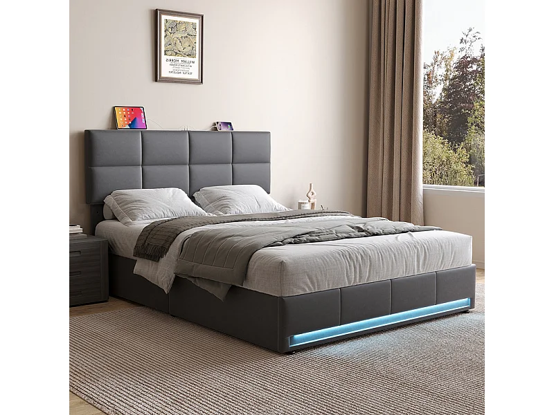 Lit coffre 160x200cm avec tête de lit réglable -  LED RGB - USB+Type-C - en velours - Gris anthracite