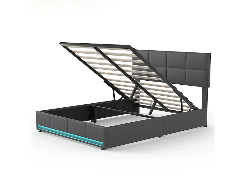 Lit coffre 160x200cm avec tête de lit réglable -  LED RGB - USB+Type-C - en velours - Gris anthracite