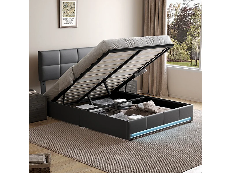 Lit coffre 160x200cm avec tête de lit réglable -  LED RGB - USB+Type-C - en velours - Gris anthracite