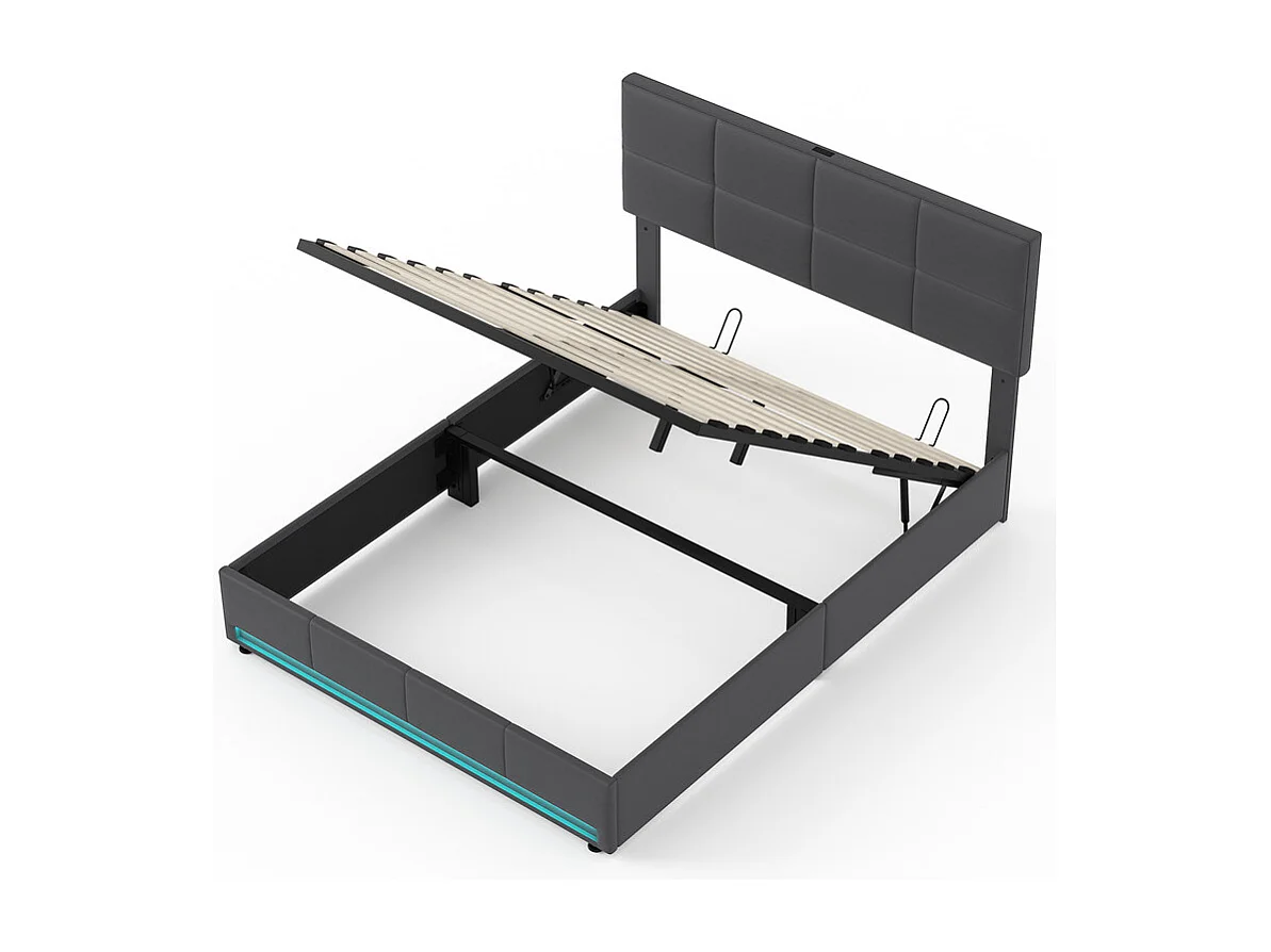 Lit coffre 160x200cm avec tête de lit réglable -  LED RGB - USB+Type-C - en velours - Gris anthracite