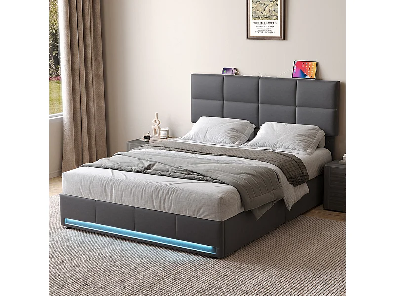 Lit coffre 160x200cm avec tête de lit réglable -  LED RGB - USB+Type-C - en velours - Gris anthracite