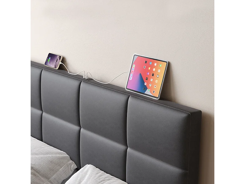 Lit coffre 160x200cm avec tête de lit réglable -  LED RGB - USB+Type-C - en velours - Gris anthracite