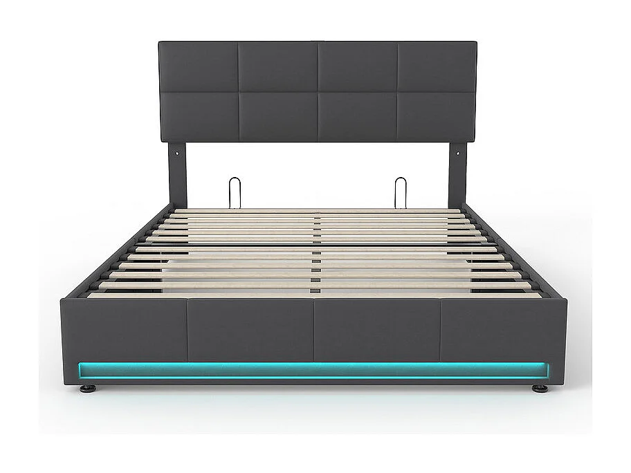 Lit coffre 160x200cm avec tête de lit réglable -  LED RGB - USB+Type-C - en velours - Gris anthracite