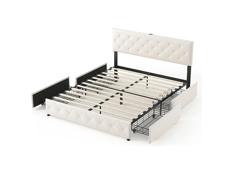 Lit Coffre 160x200 cm in Samt - mit 4 Schubladen - USB+Type-C - verstellbares Kopfteil - Beige