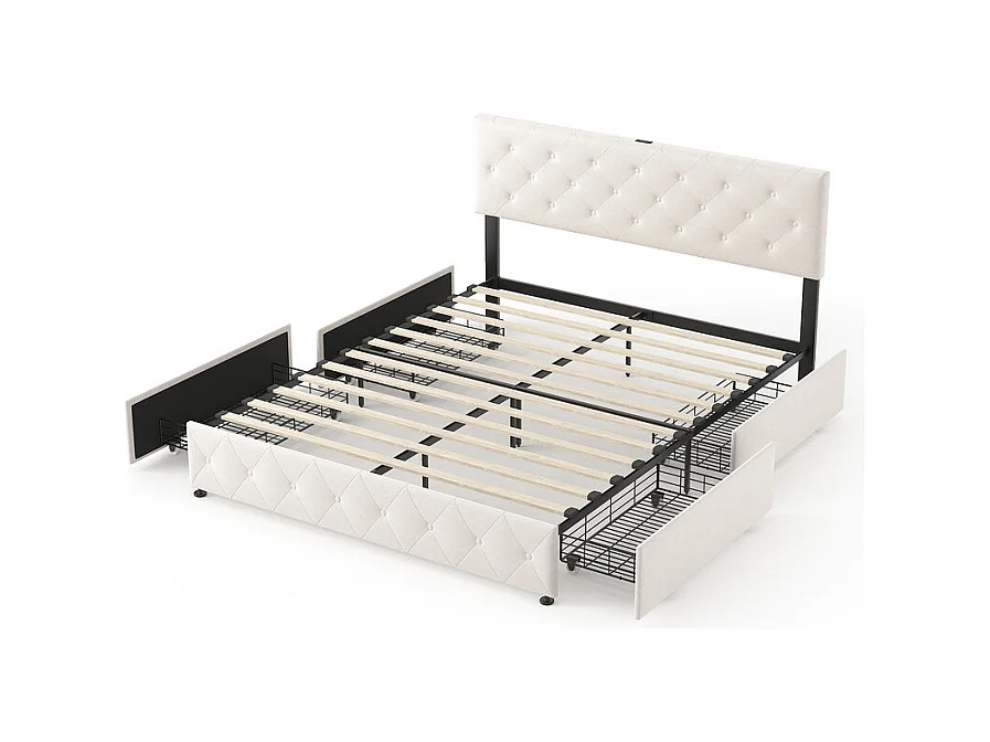 Lit Coffre 160x200cm en velours - avec 4 tiroirs - USB+Type-C - tête de lit réglable - Beige