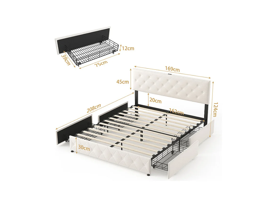 Lit Coffre 160x200cm en velours - avec 4 tiroirs - USB+Type-C - tête de lit réglable - Beige