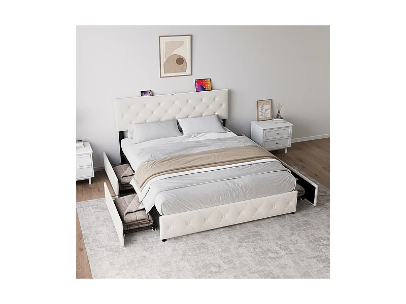Lit Coffre 160x200cm en velours - avec 4 tiroirs - USB+Type-C - tête de lit réglable - Beige