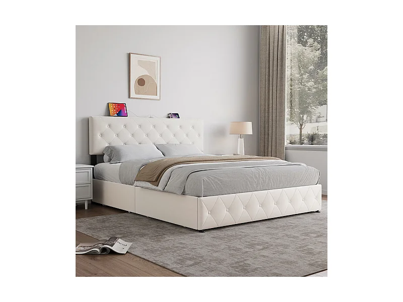 Lit Coffre 160x200cm en velours - avec 4 tiroirs - USB+Type-C - tête de lit réglable - Beige