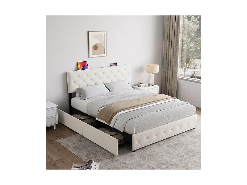 Lit Coffre 160x200cm en velours - avec 4 tiroirs - USB+Type-C - tête de lit réglable - Beige