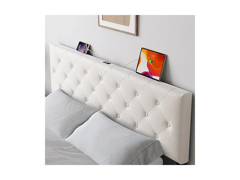 Lit Coffre 160x200cm en velours - avec 4 tiroirs - USB+Type-C - tête de lit réglable - Beige