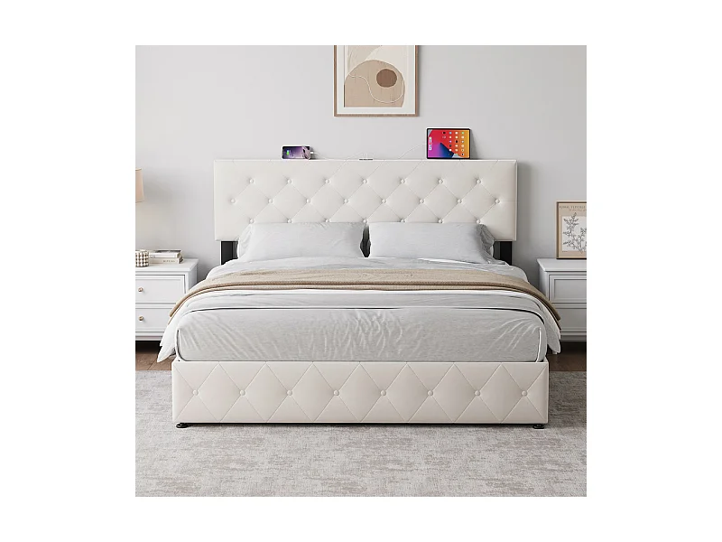 Lit Coffre 160x200cm en velours - avec 4 tiroirs - USB+Type-C - tête de lit réglable - Beige