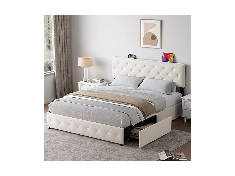 Lit Coffre 160x200cm en velours - avec 4 tiroirs - USB+Type-C - tête de lit réglable - Beige