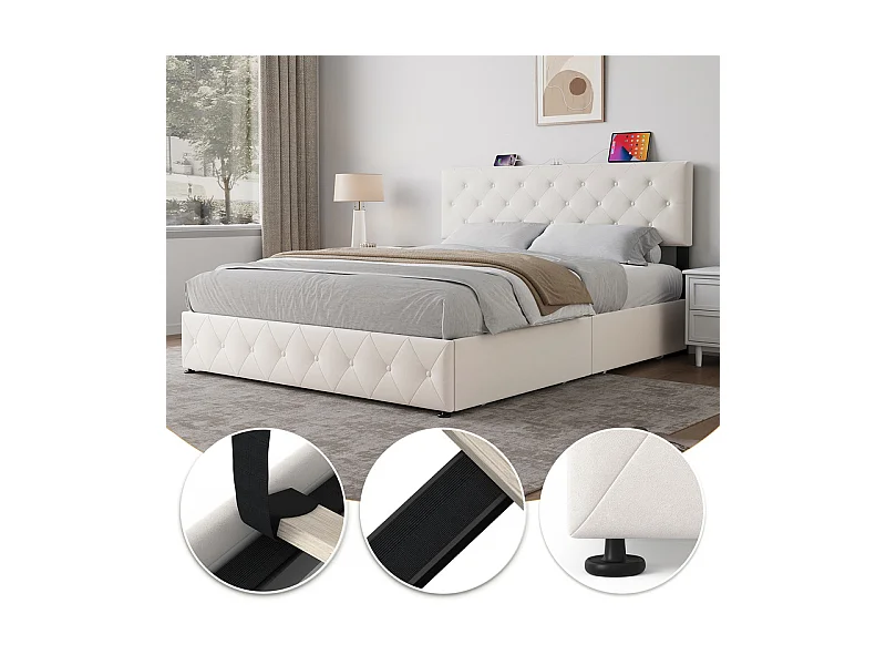 Lit Coffre 160x200cm en velours - avec 4 tiroirs - USB+Type-C - tête de lit réglable - Beige