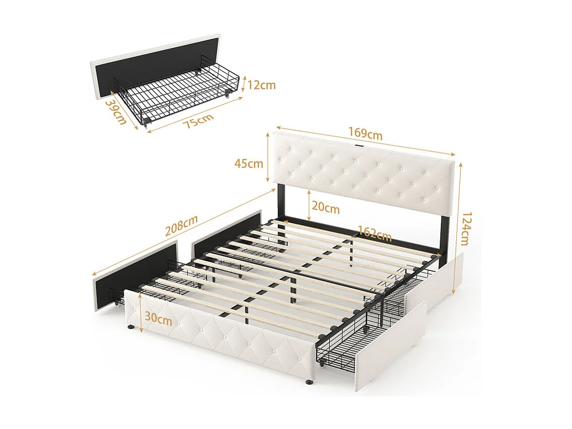 Lit Coffre 160x200 cm em veludo - com 4 gavetas - USB+Type-C - cabeceira ajustável - Bege