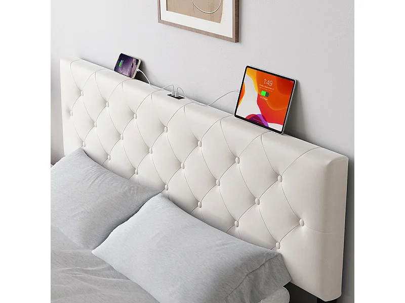 Lit Coffre 160x200 cm em veludo - com 4 gavetas - USB+Type-C - cabeceira ajustável - Bege