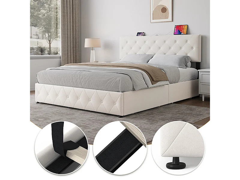 Lit Coffre 160x200 cm em veludo - com 4 gavetas - USB+Type-C - cabeceira ajustável - Bege