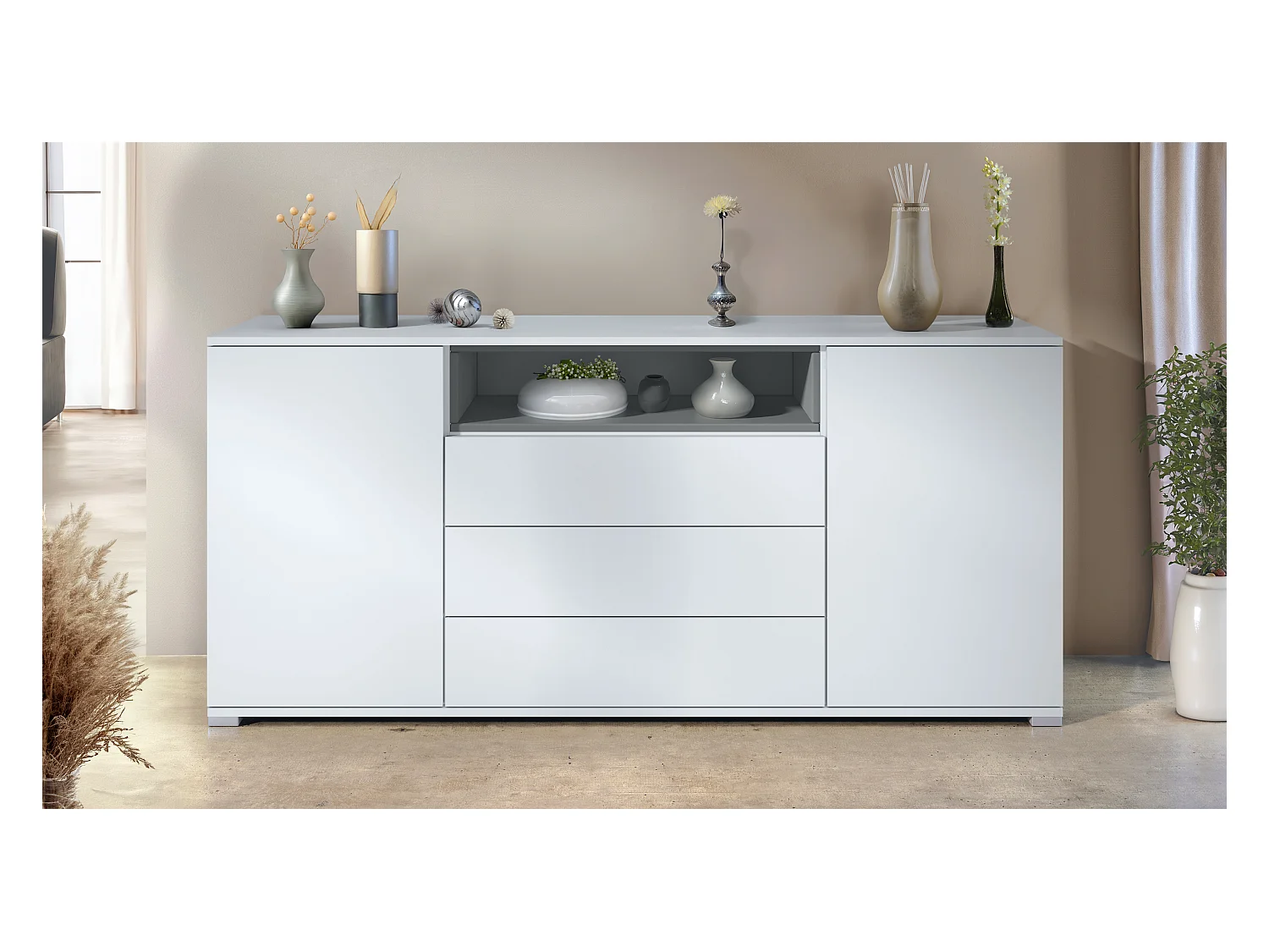 Skadu V4 Buffet, Commode avec 2 portes, 3 tiroirs et 1 compartiment ouvert, blanc mat/graphite satiné mat (166,5 x 75,5 x 35 cm)