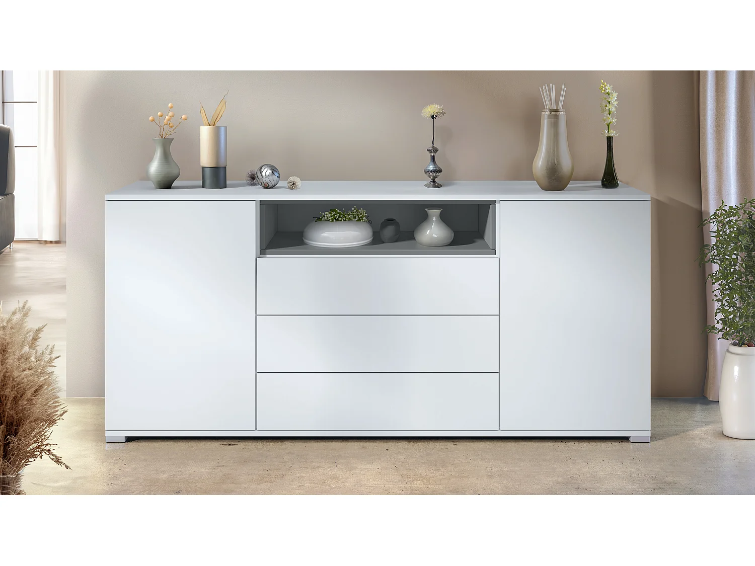 Skadu V4 Buffet, Commode avec 2 portes, 3 tiroirs et 1 compartiment ouvert, blanc mat/graphite satiné mat (166,5 x 75,5 x 35 cm)