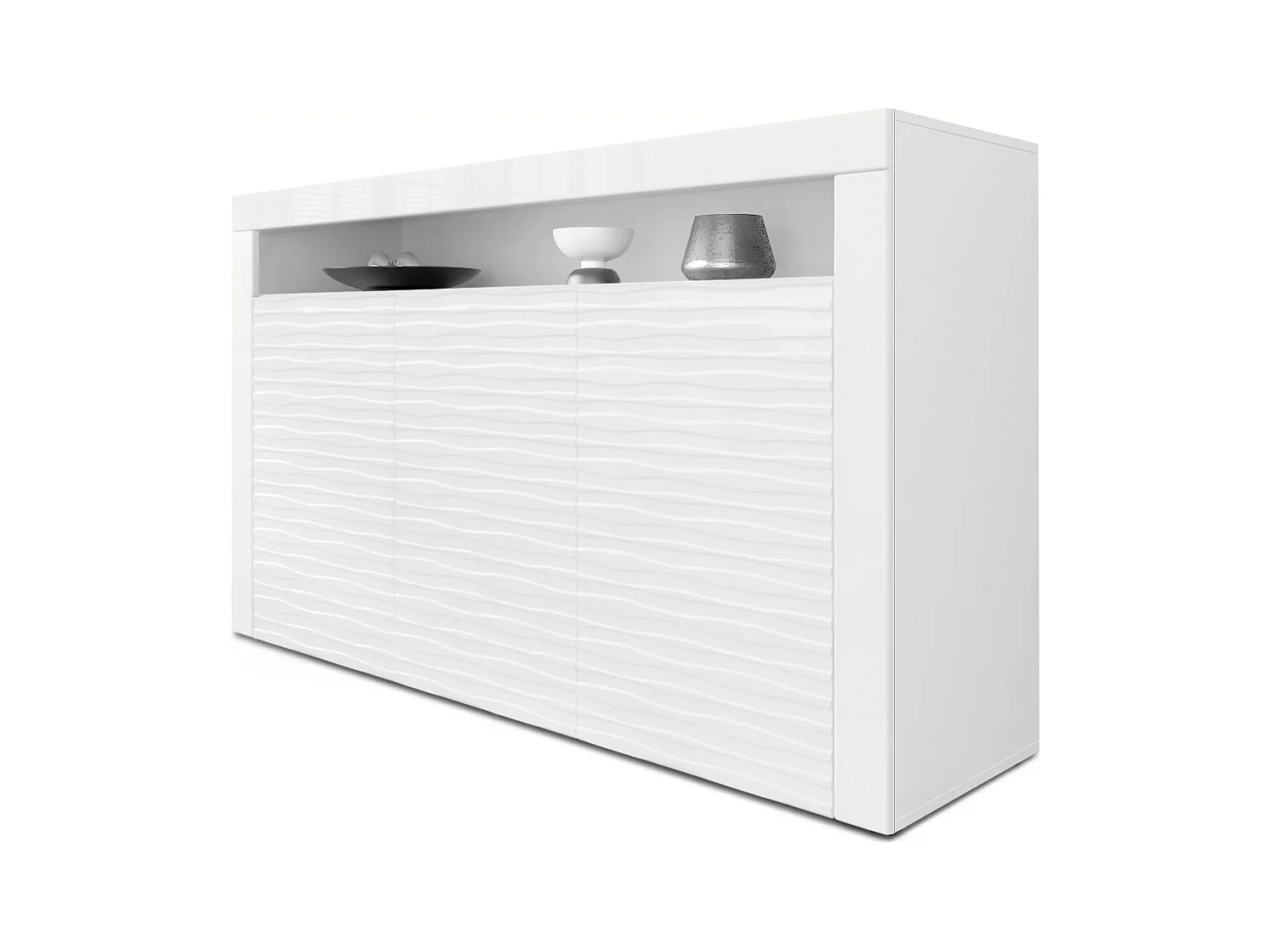Buffet Valencia, Commode avec 3 portes et 1 compartiment ouvert, Blanc mat/Blanc brillant Harmony structure 3D/Blanc brillant (155 x 92 x 40 cm)