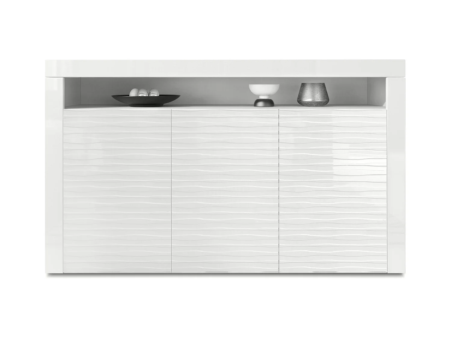Buffet Valencia, Commode avec 3 portes et 1 compartiment ouvert, Blanc mat/Blanc brillant Harmony structure 3D/Blanc brillant (155 x 92 x 40 cm)