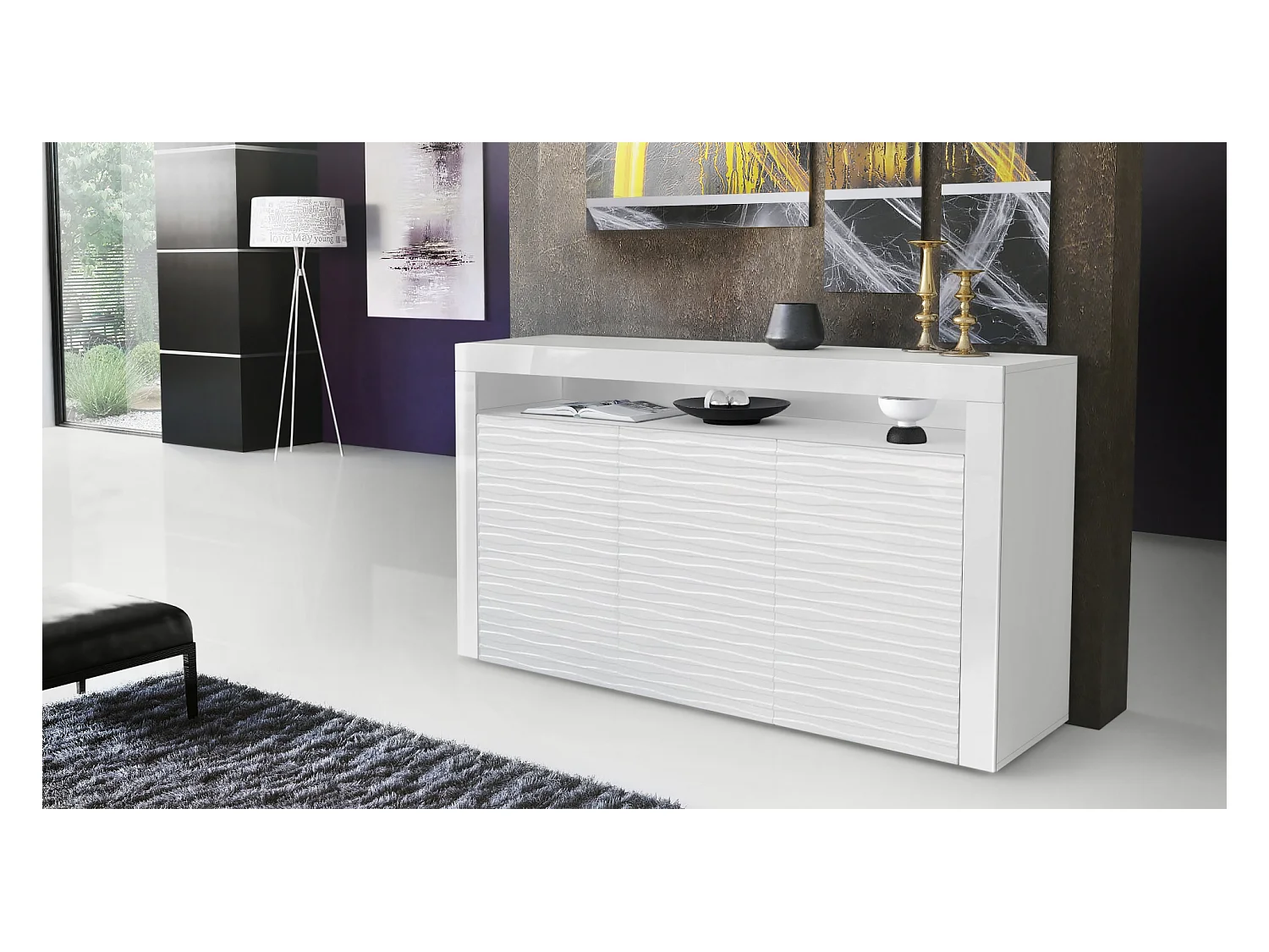 Buffet Valencia, Commode avec 3 portes et 1 compartiment ouvert, Blanc mat/Blanc brillant Harmony structure 3D/Blanc brillant (155 x 92 x 40 cm)