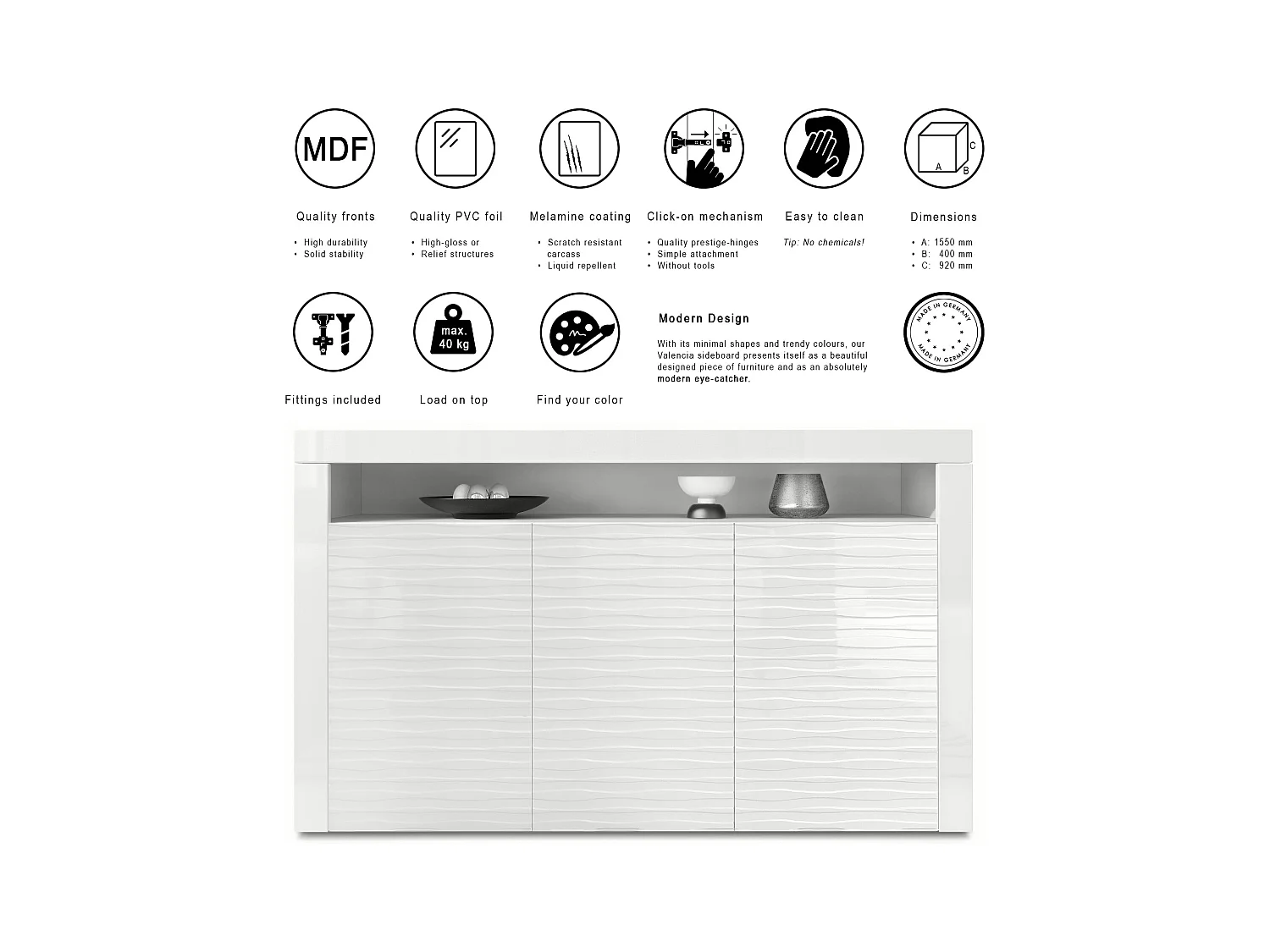 Buffet Valencia, Commode avec 3 portes et 1 compartiment ouvert, Blanc mat/Blanc brillant Harmony structure 3D/Blanc brillant (155 x 92 x 40 cm)