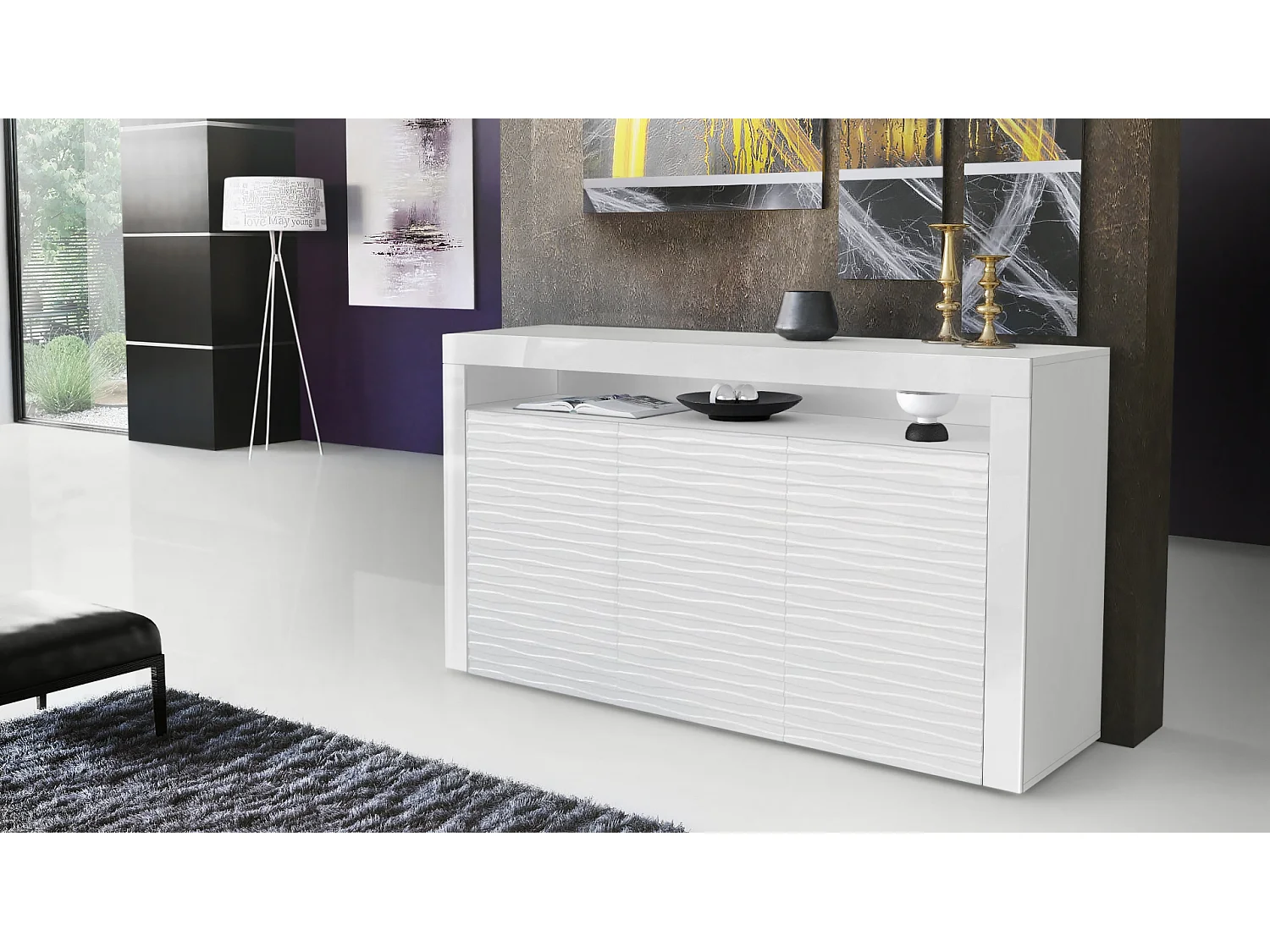 SIDEBOARD Valencia Fronten in Weiß Hochglanz Harmony mit 3D Struktur